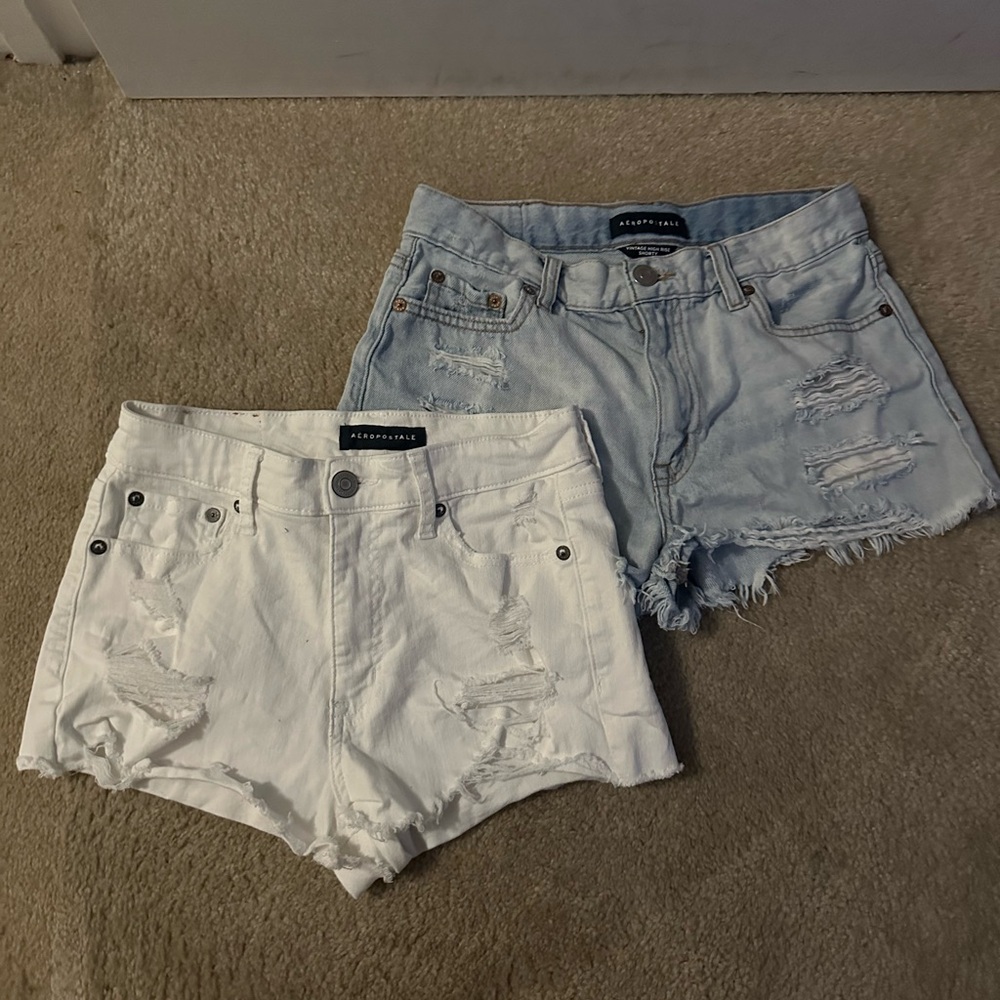 Aeropostale Women's Distressed Jean Shorts - Light Blue and White